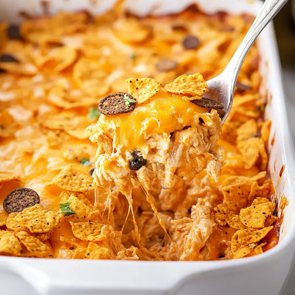 A spoonful of cheesy chicken casserole topped with crunchy tortilla chips is being lifted from a baking dish.