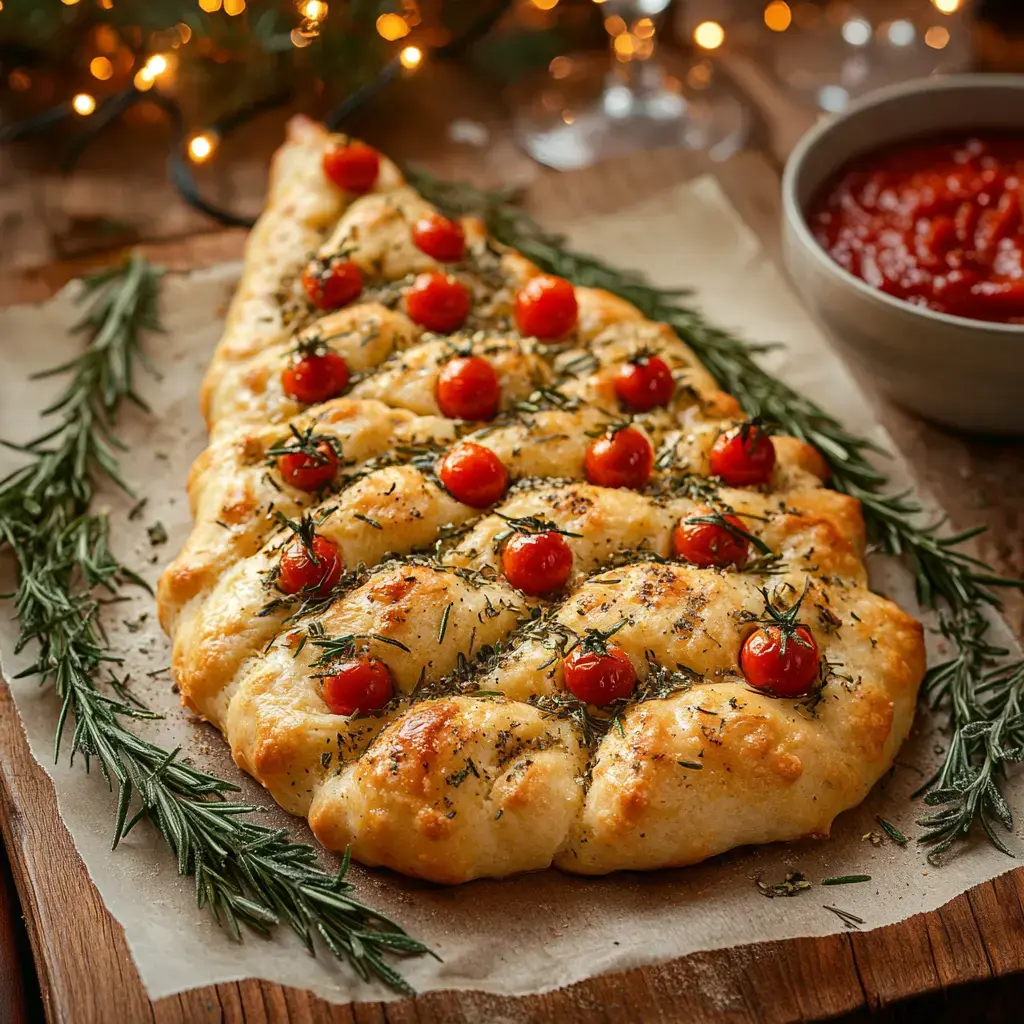 A festive bread shaped like a Christmas tree, topped with cherry tomatoes and herbs, accompanied by a bowl of marinara sauce.