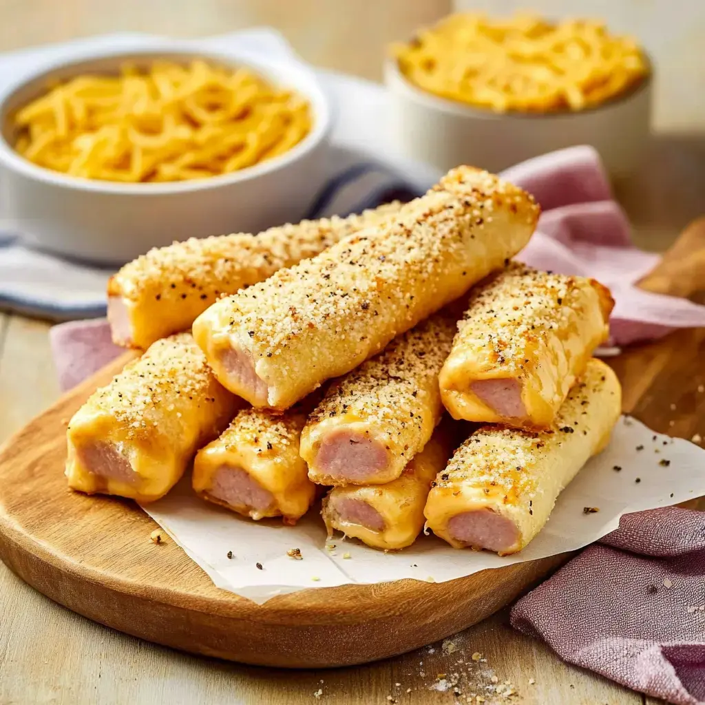 A wooden platter holds a stack of crispy, cheese-covered sausage rolls, with a background of bowls of shredded cheese.