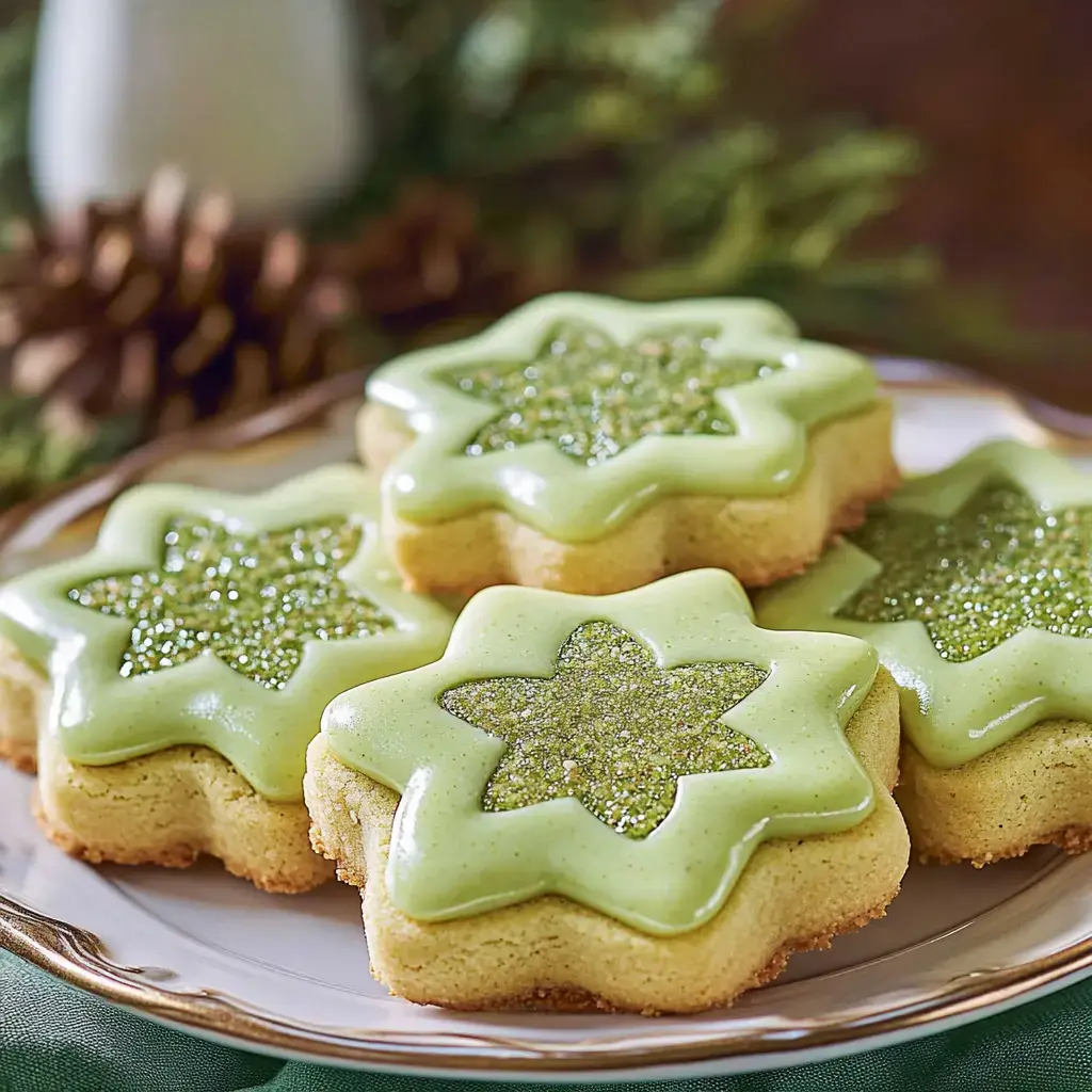 A plate of star-shaped cookies with green frosting and glitter decoration, set against a festive background.