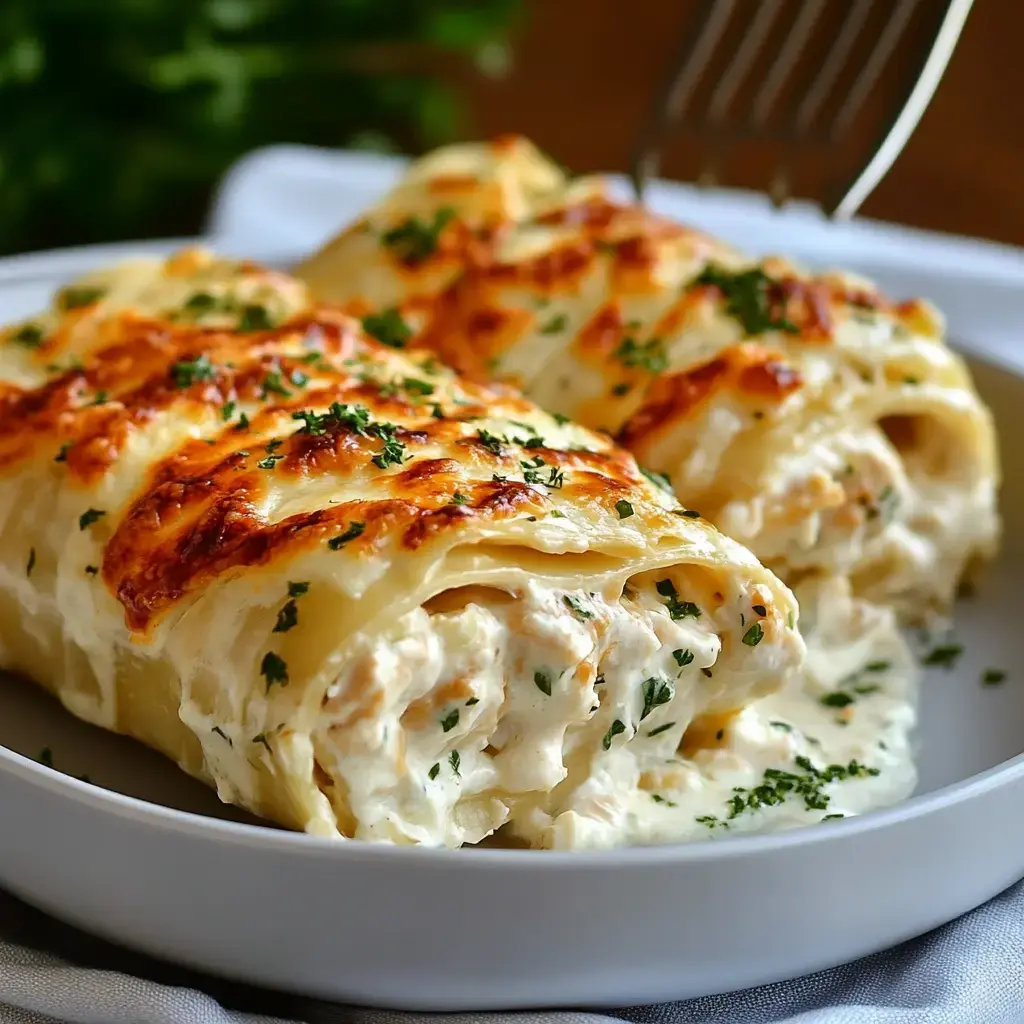 A plate of baked creamy pasta rolls garnished with parsley and a golden-brown crust.