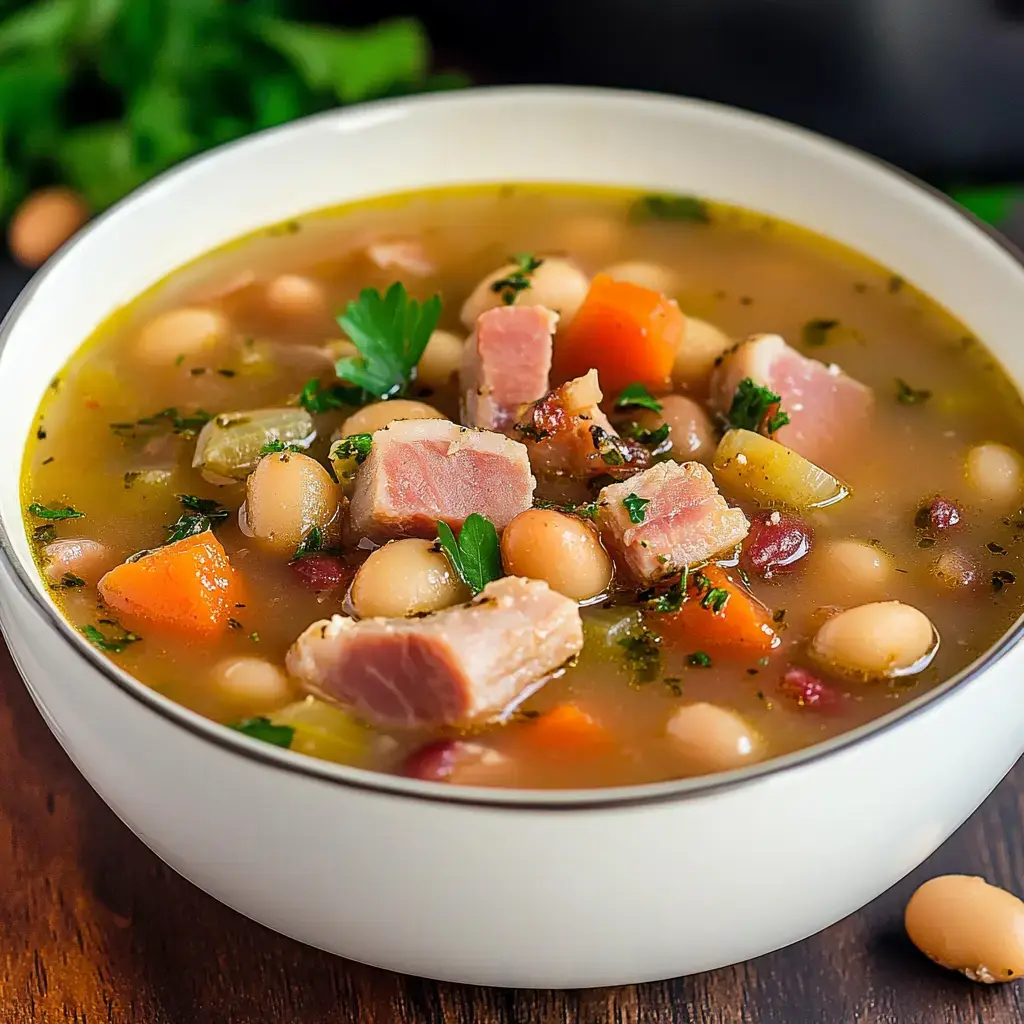 A close-up of a bowl of hearty bean soup with chunks of ham, vegetables, and garnished with parsley.