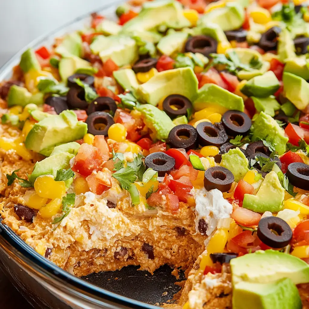 A colorful layered dip featuring black olives, diced tomatoes, corn, avocado, and cilantro on a creamy base.