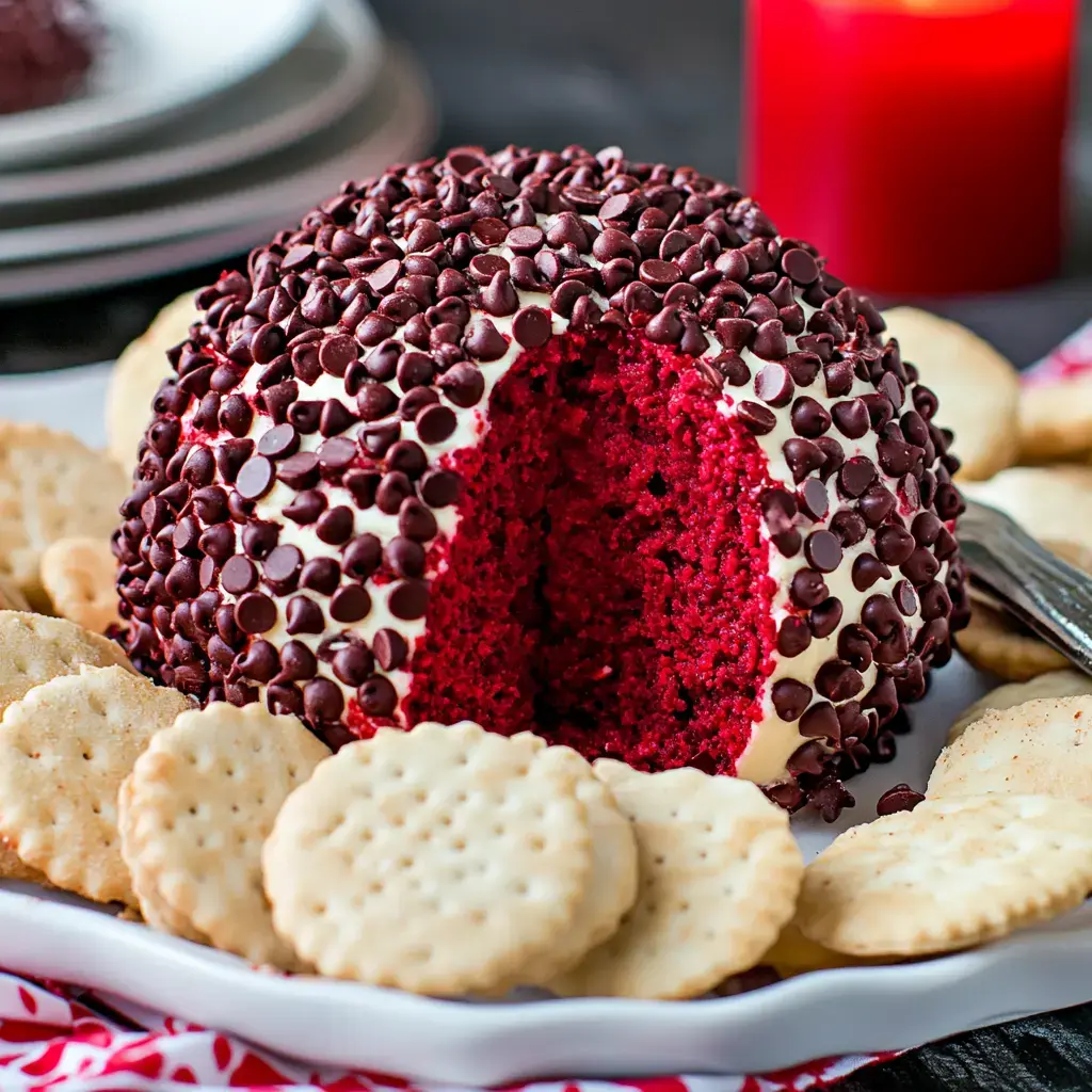 A round red velvet cheese ball coated in chocolate chips sits on a platter surrounded by crackers.