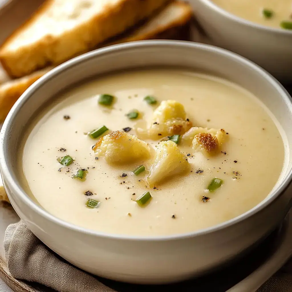 A bowl of creamy soup topped with cauliflower pieces and green onions, accompanied by slices of bread.