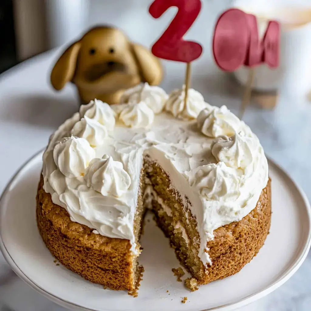 A birthday cake with fluffy white frosting, partially sliced, is decorated with the numbers "2" and "0," alongside a cute dog figurine in the background.