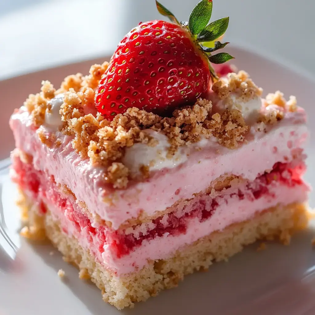 A decadent slice of layered strawberry cake topped with a fresh strawberry and crumbled cookies.