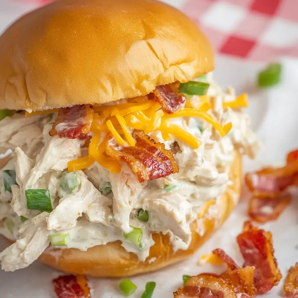 A close-up of a sandwich with shredded chicken, green onions, bacon bits, and shredded cheese on a soft bun, accompanied by additional crispy bacon pieces.