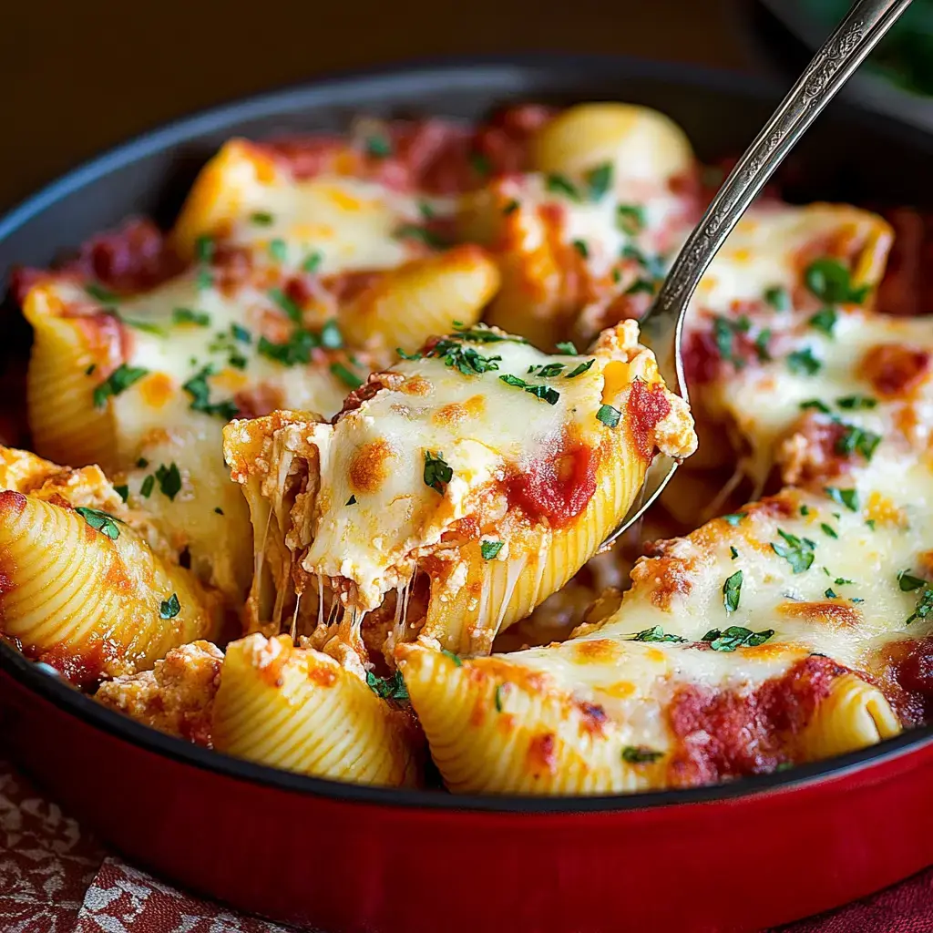 A close-up of a dish of stuffed pasta shells topped with melted cheese and garnished with parsley.