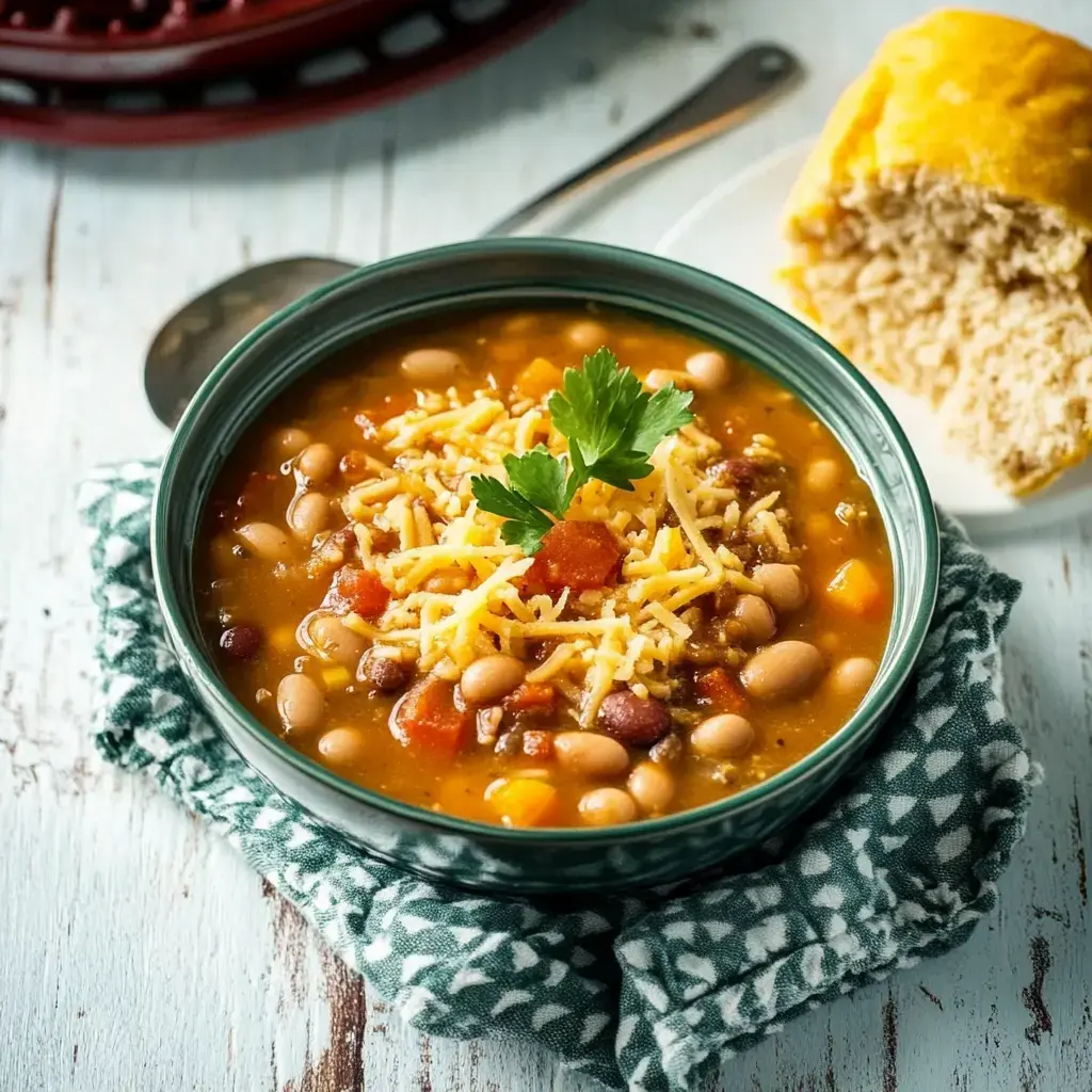 A bowl of hearty bean chili topped with shredded cheese and a sprig of parsley, accompanied by a piece of cornbread, sits on a decorative cloth.