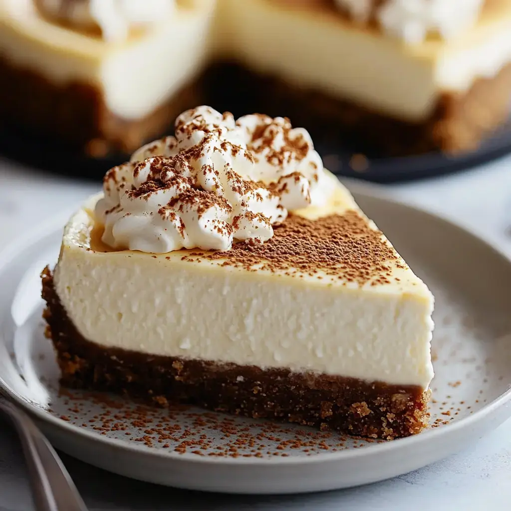 A slice of creamy cheesecake topped with whipped cream and cocoa powder, served on a plate.