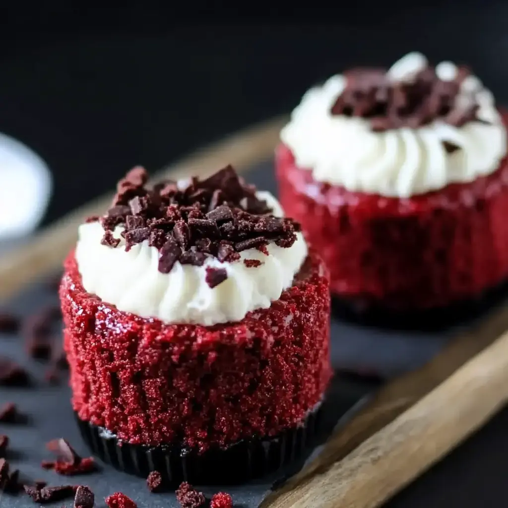 Two red velvet cupcakes topped with white frosting and chocolate shavings, presented on a wooden serving board.