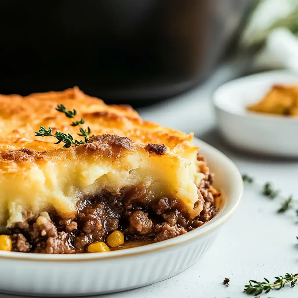 A close-up of a serving of shepherd's pie, featuring a golden-brown mashed potato topping and a filling of ground meat, corn, and herbs.