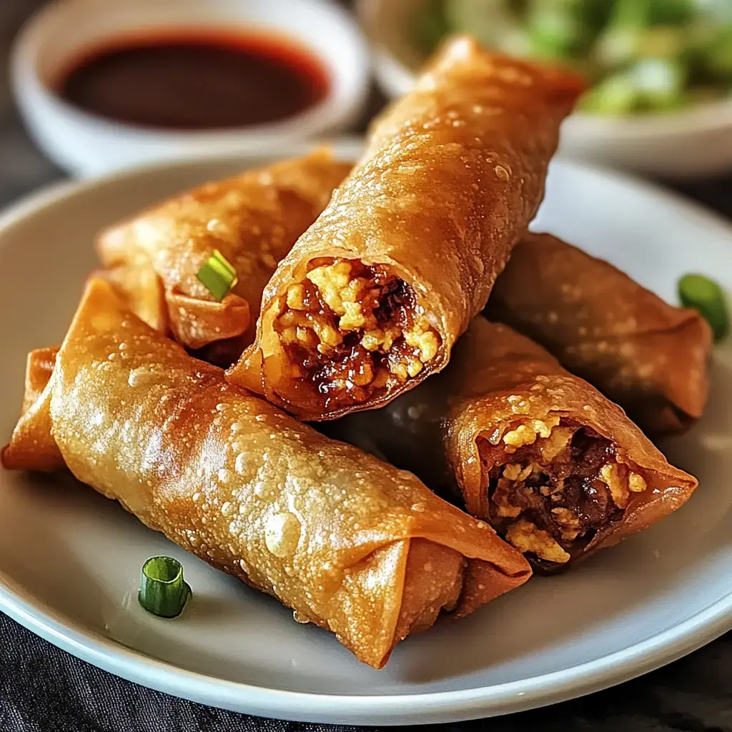 A close-up of crispy spring rolls filled with a savory mixture, served on a white plate with dipping sauce in the background.