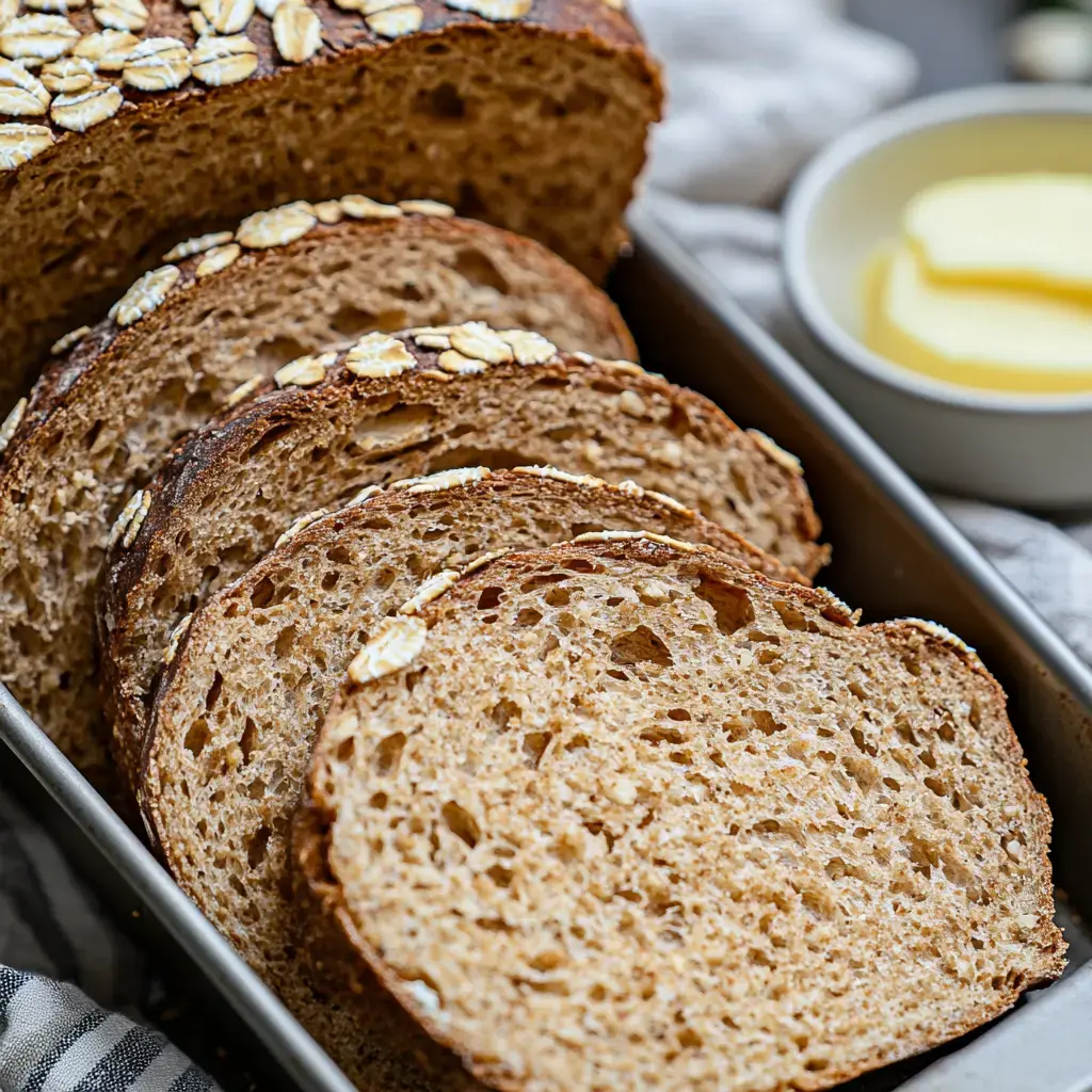 Sliced whole grain bread with oats on top, displayed in a baking tray alongside a small bowl of butter.