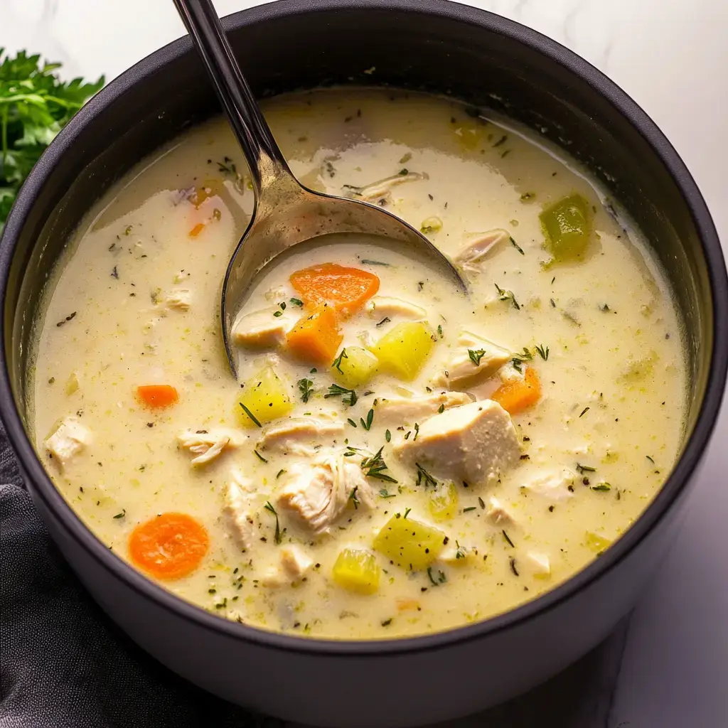 A bowl of creamy chicken soup with shredded chicken, diced carrots, and celery, garnished with herbs and a spoon.