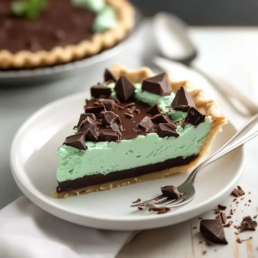 A slice of mint chocolate pie with layers of mint green filling and chocolate, topped with chocolate chunks, is served on a plate.