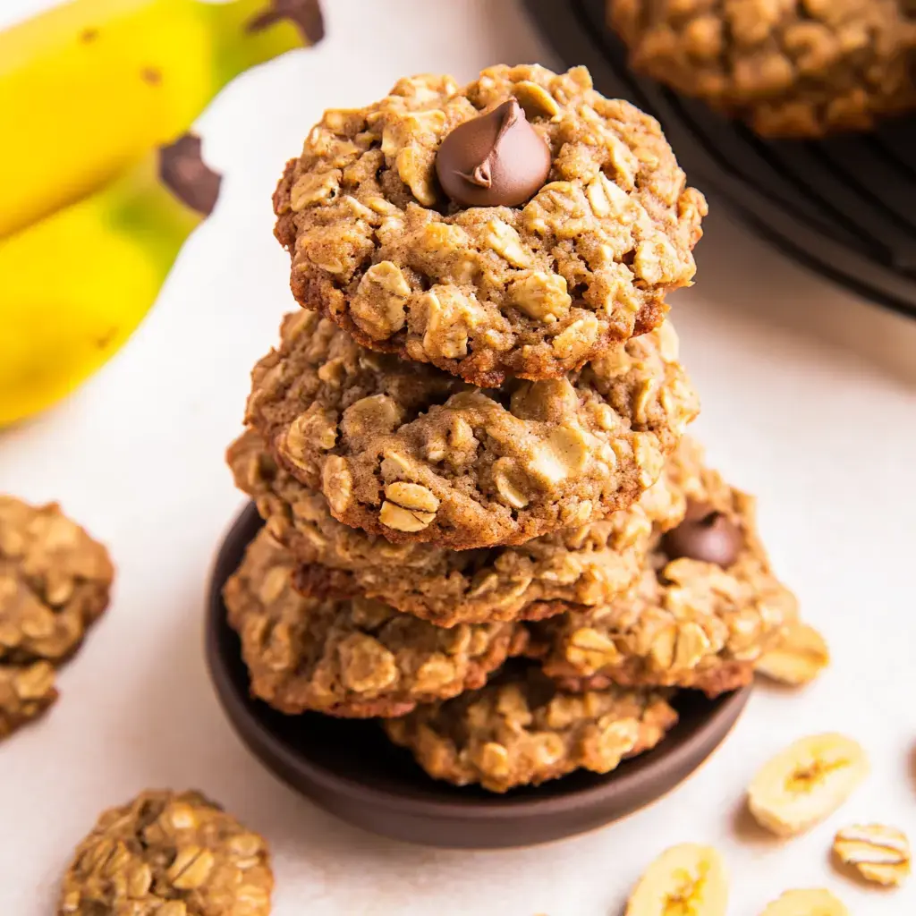 A stack of oatmeal cookies with a chocolate chip on top, surrounded by banana slices and whole bananas in the background.