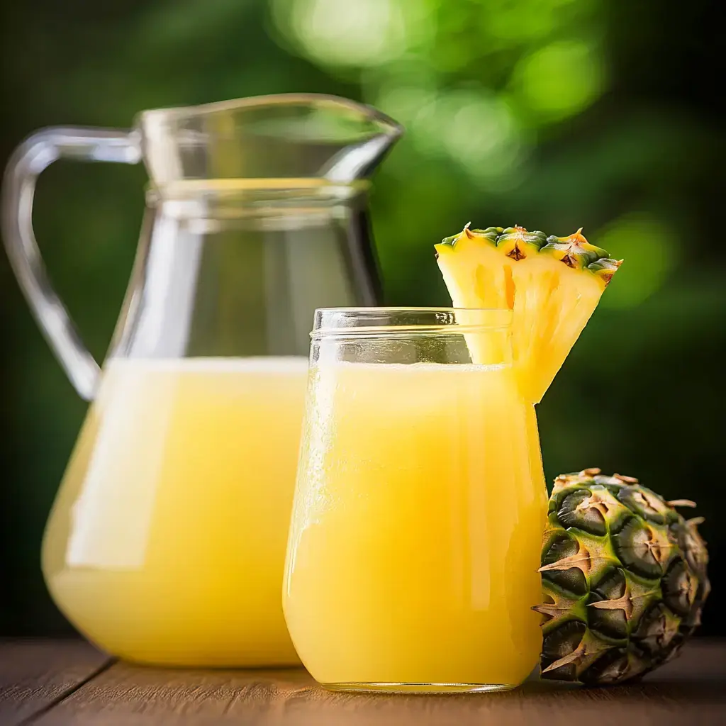 A glass of yellow pineapple juice is placed next to a pitcher of the same juice and a fresh pineapple, with a blurred green background.