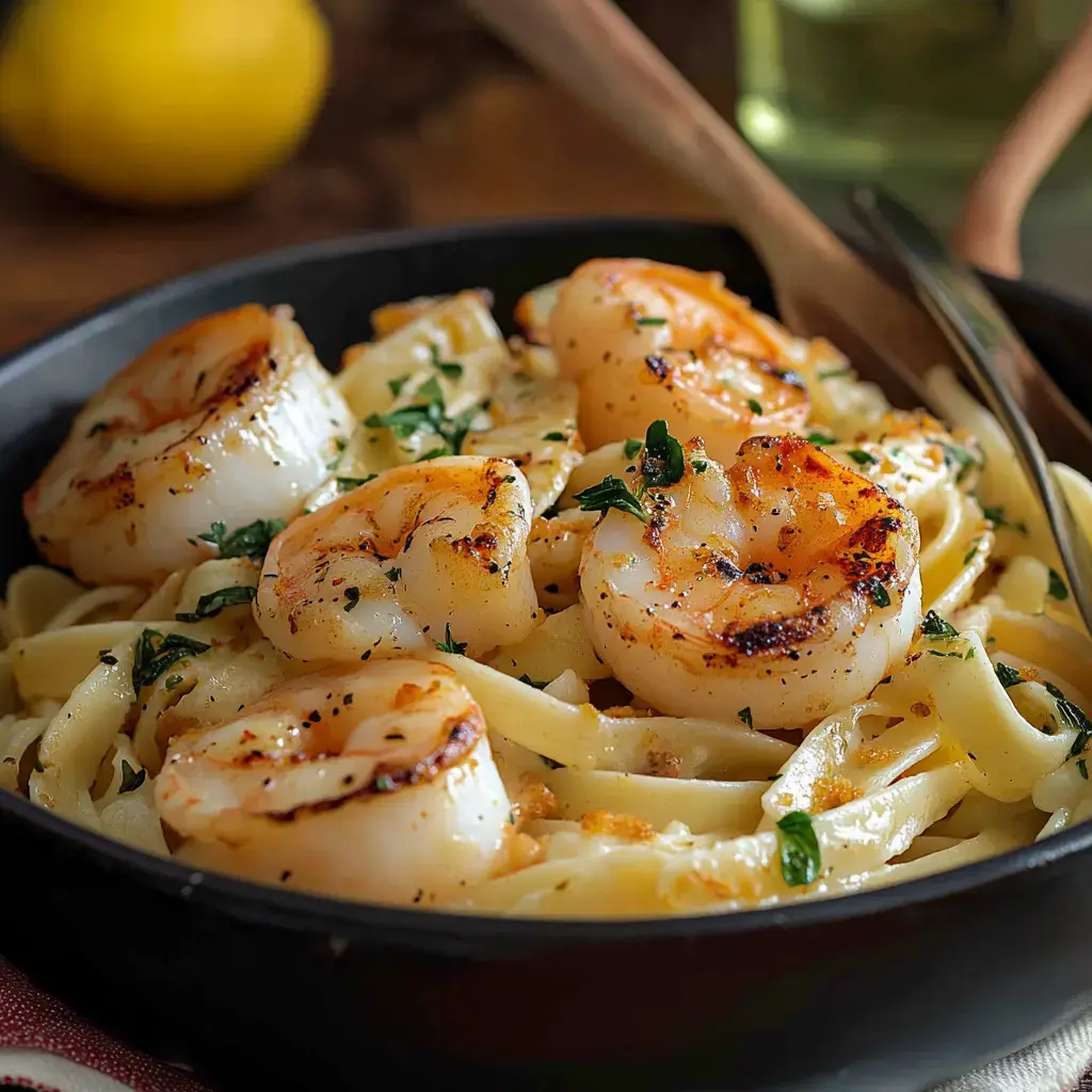 A dish of fettuccine pasta topped with grilled shrimp and garnished with parsley, served in a black bowl with a lemon in the background.