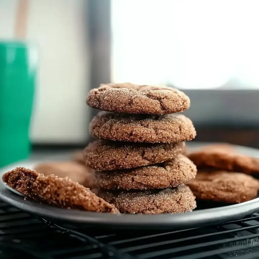 A plate stacked with freshly baked chocolate cookies, dusted with sugar, is displayed on a wire rack.