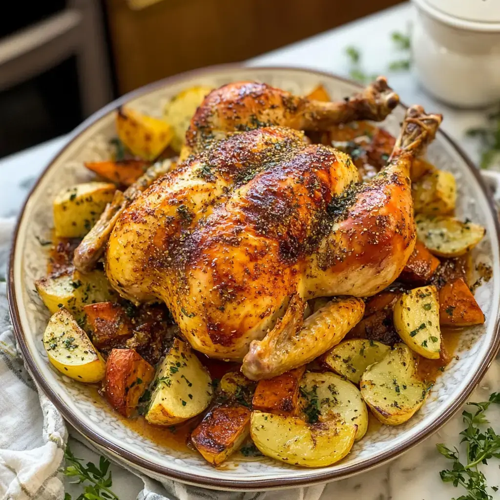 A perfectly roasted chicken sits atop a bed of golden potatoes and sweet potatoes, garnished with herbs on a decorative platter.