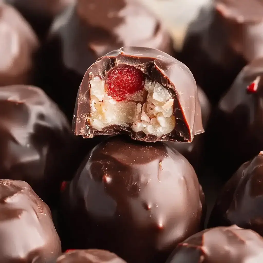 A close-up of chocolate-covered treats, one of which is cut in half to reveal a filling of nuts and a red fruit piece.