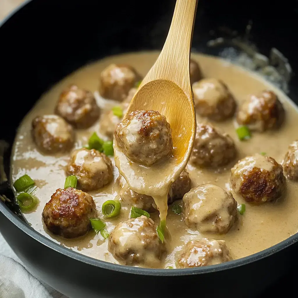 A wooden spoon is lifting a meatball coated in creamy sauce from a pot filled with more meatballs and green onions.