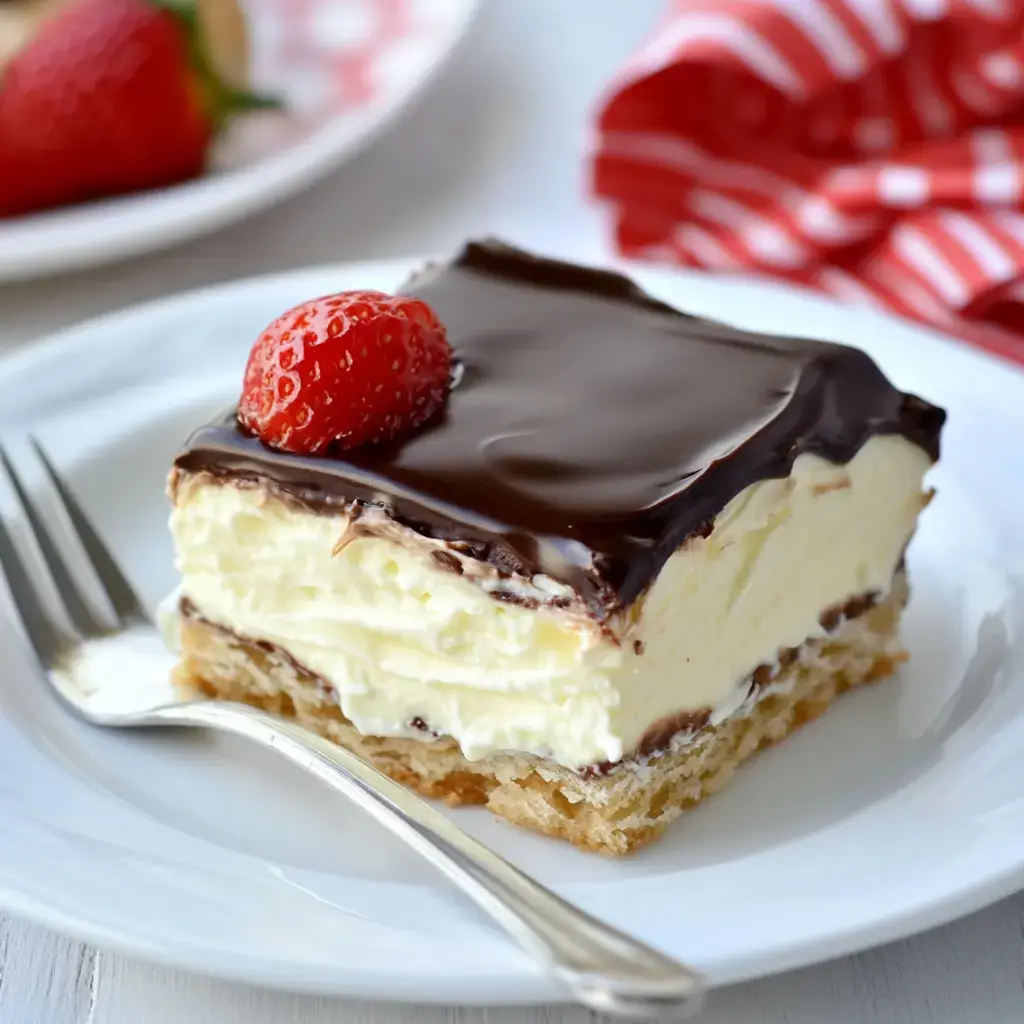 A slice of layered dessert with creamy filling and chocolate ganache, topped with a fresh strawberry, is served on a white plate with a fork beside it.