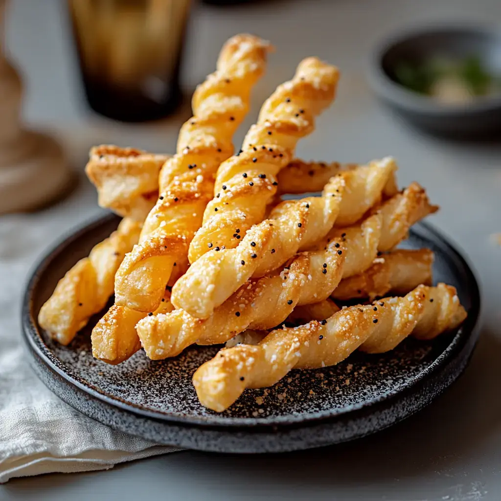 A close-up of a black plate stacked high with golden, crispy twisted snacks sprinkled with black seeds.