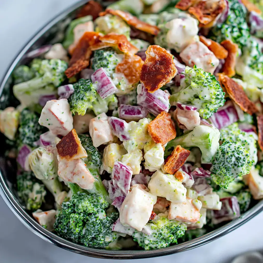 A close-up of a bowl of broccoli salad mixed with diced chicken, red onions, and bacon pieces.