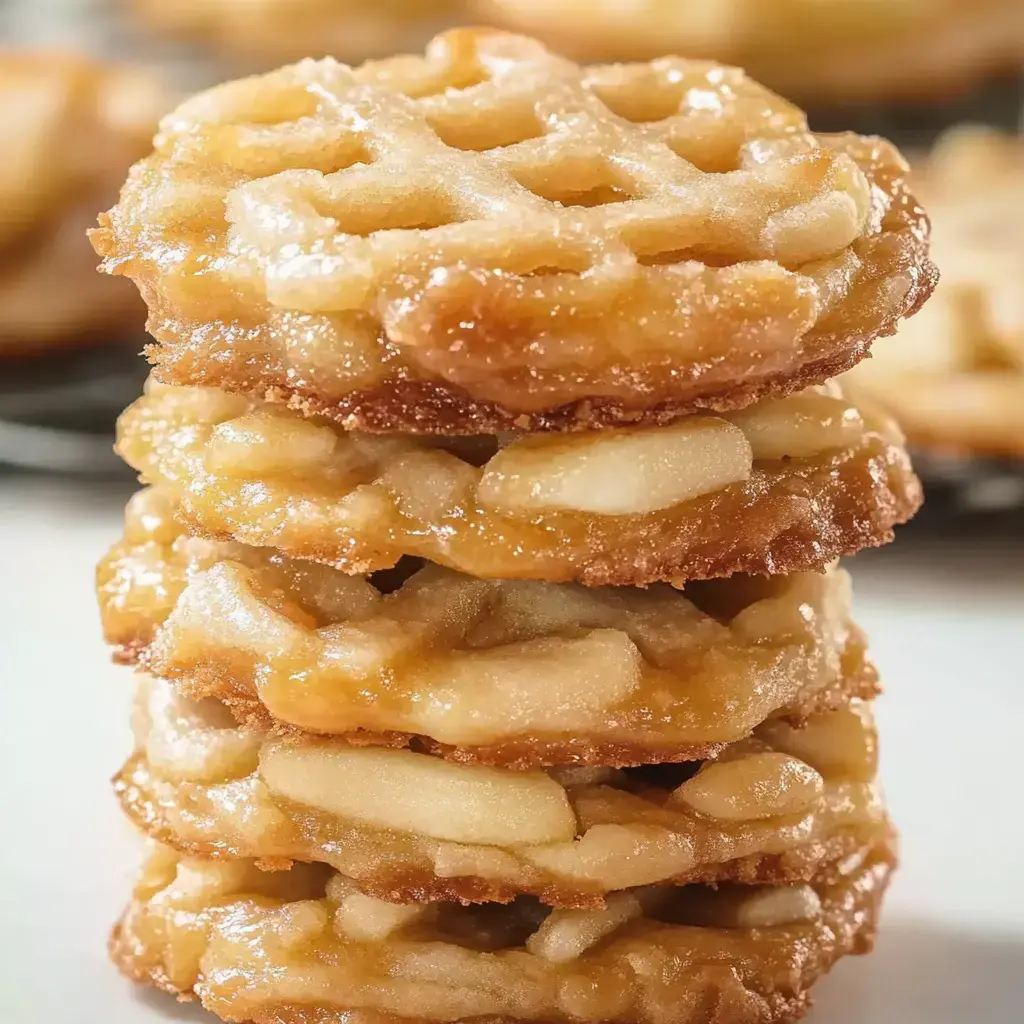 A stack of golden brown, waffle-shaped cookies featuring visible pieces of apple.