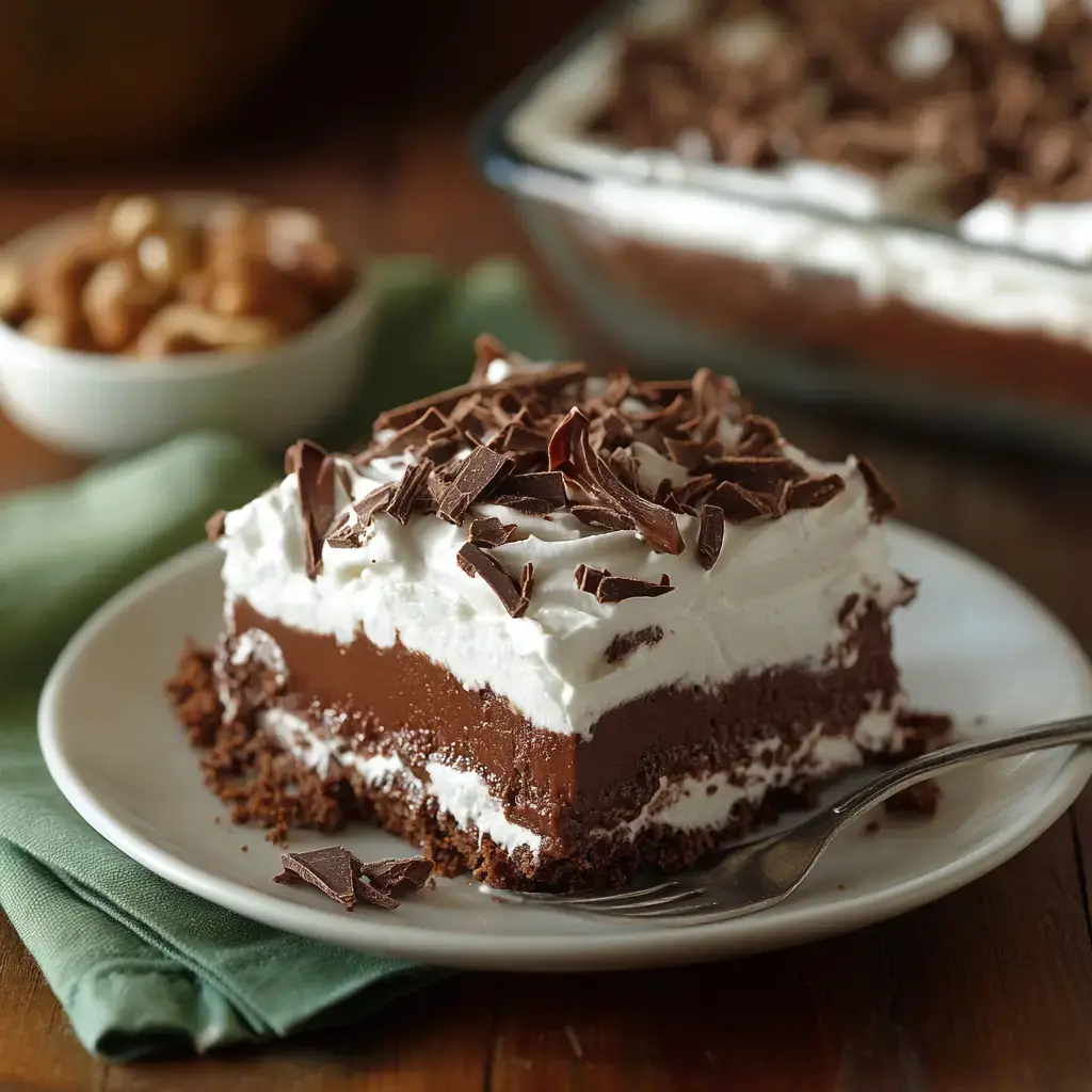 A slice of chocolate dessert layered with whipped cream and chocolate shavings is displayed on a white plate, with a bowl of nuts in the background.