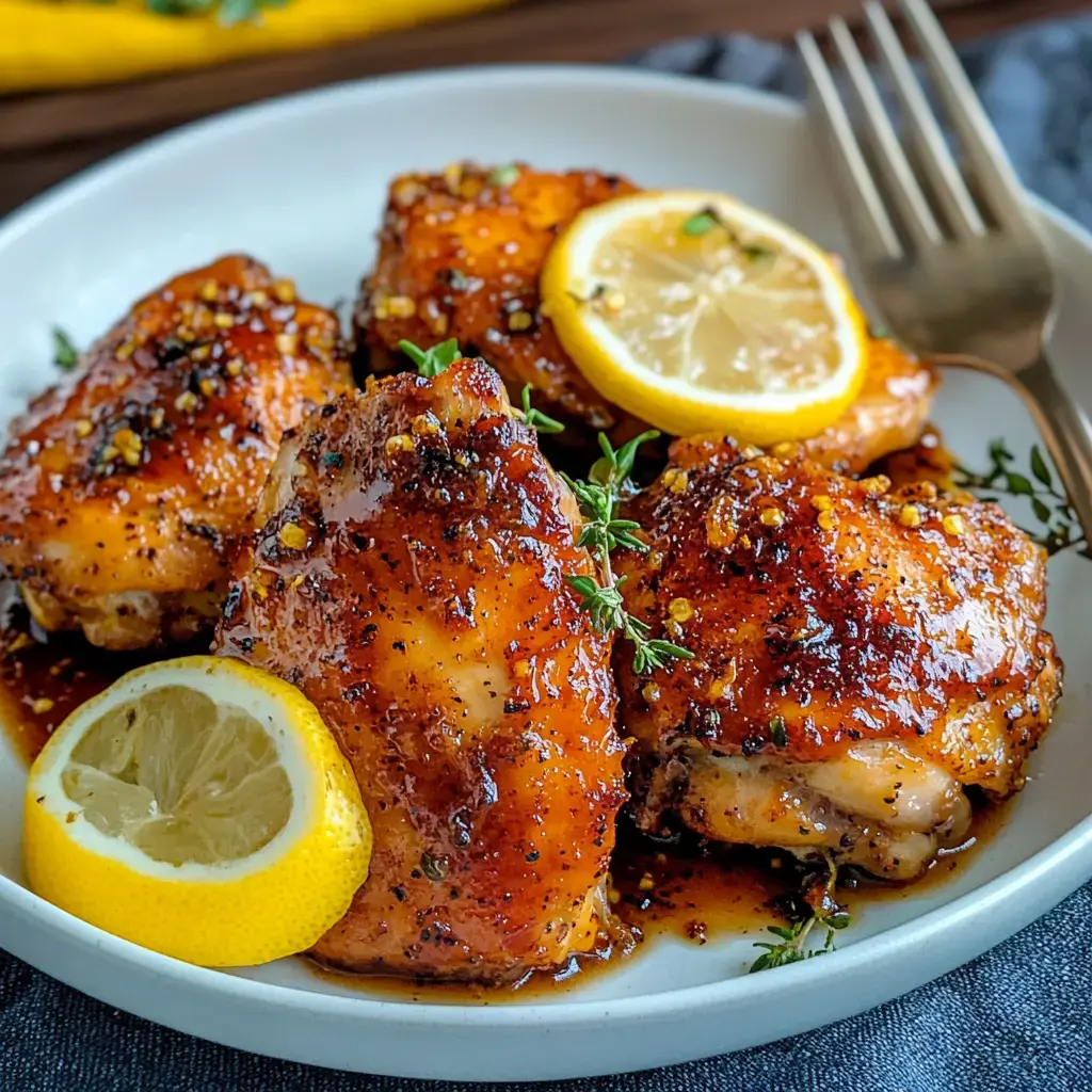 A plate of glazed chicken thighs garnished with lemon slices and fresh thyme.