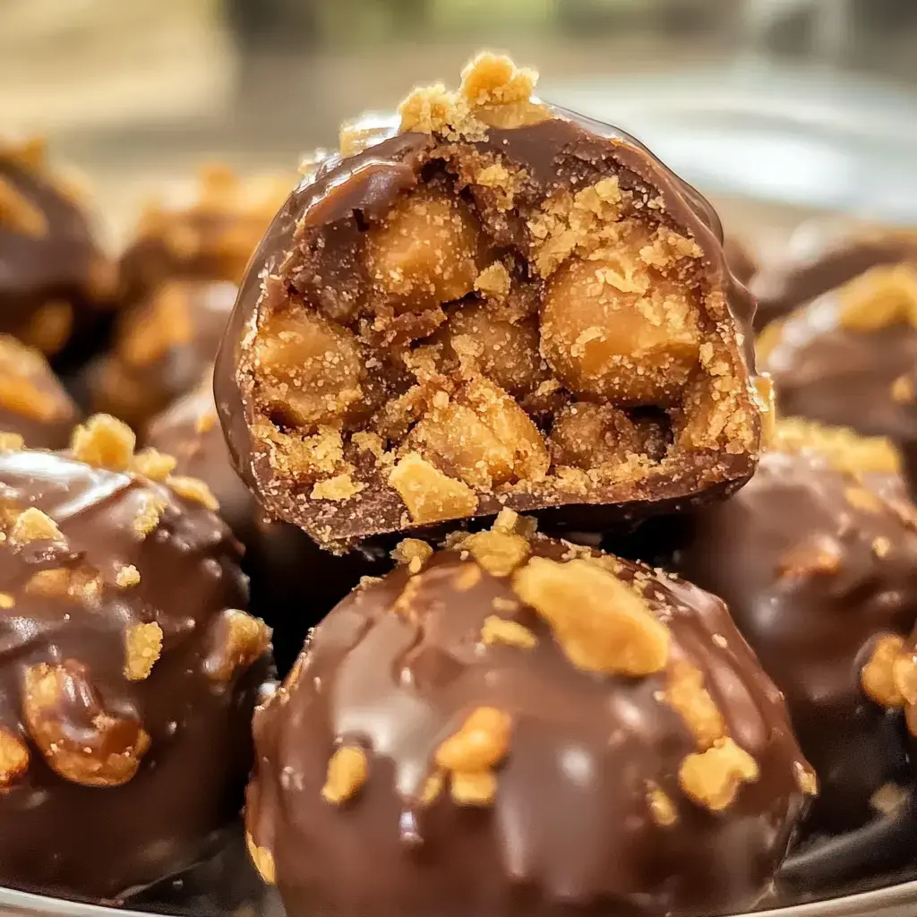 A close-up of chocolate-covered peanut butter balls, one cut in half to reveal its crunchy, peanut-filled interior topped with crushed cookie crumbs.