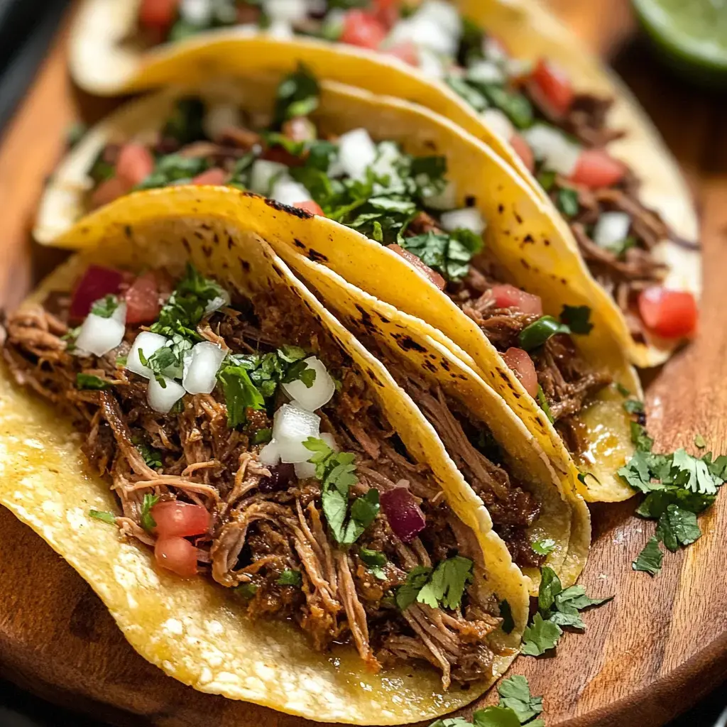 Three tacos filled with shredded meat, topped with diced onions, tomatoes, and cilantro, served on a wooden platter.