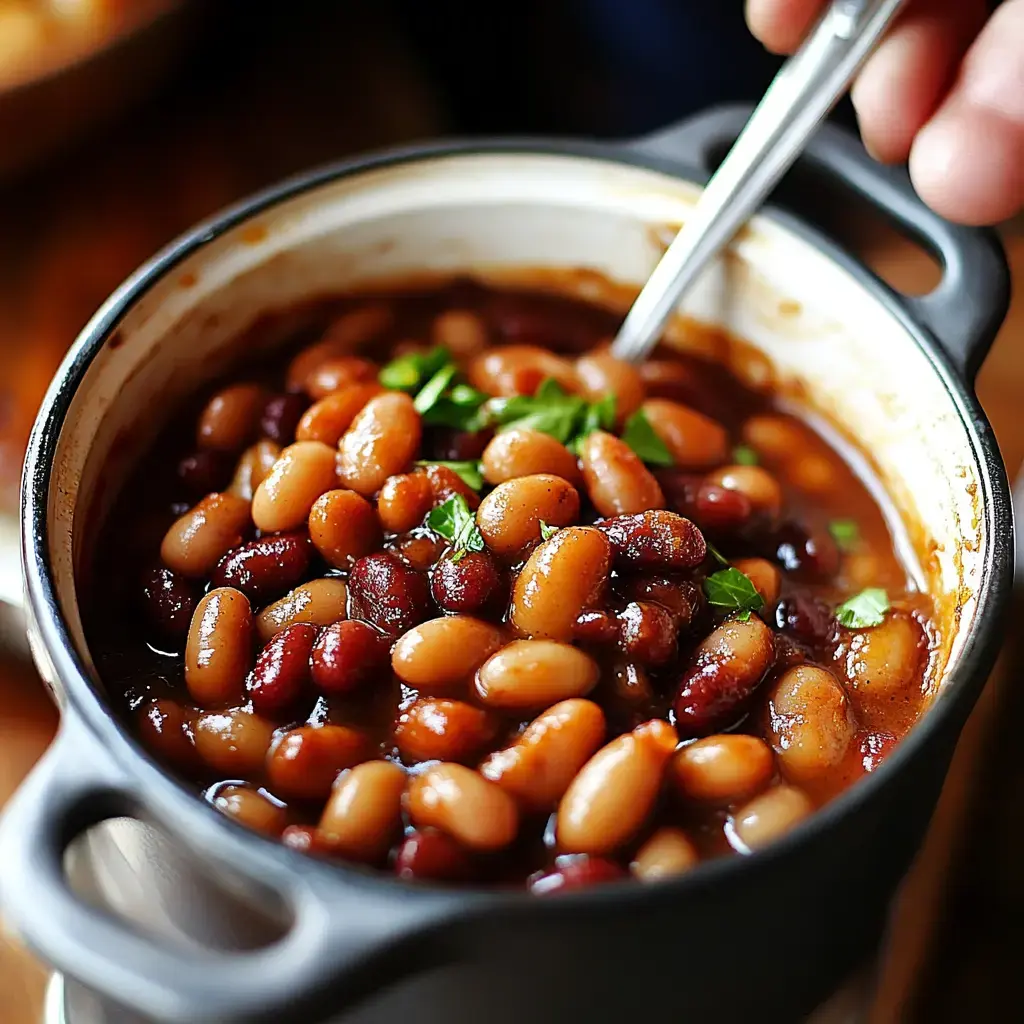 A close-up of a pot filled with a mixture of beans in a rich sauce, garnished with fresh herbs.