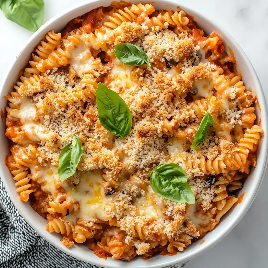 A baked pasta dish featuring rotini mixed with marinara sauce, topped with melted cheese and fresh basil leaves.