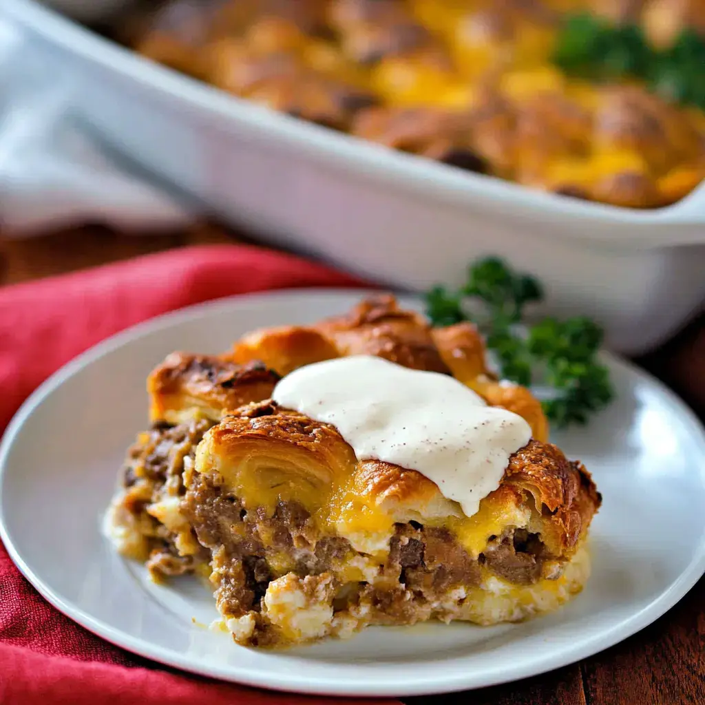 A slice of savory breakfast casserole topped with creamy sauce is presented on a white plate, accompanied by a green garnish, against a background of the casserole dish.