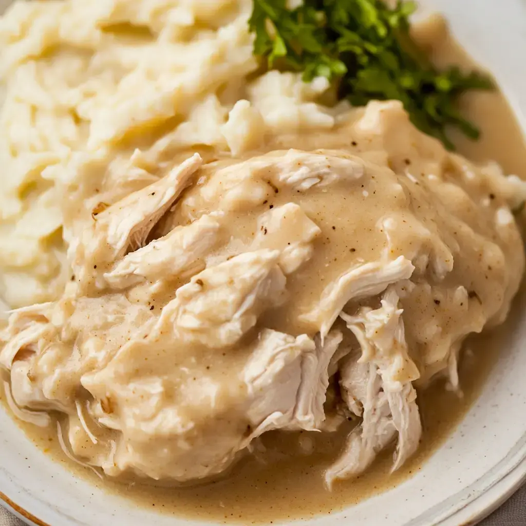 A plate of shredded chicken in creamy gravy accompanied by mashed potatoes and a garnish of parsley.