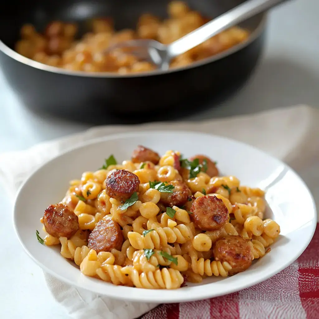 A plate of pasta with sausage and parsley is served in front of a black pot containing more of the dish.