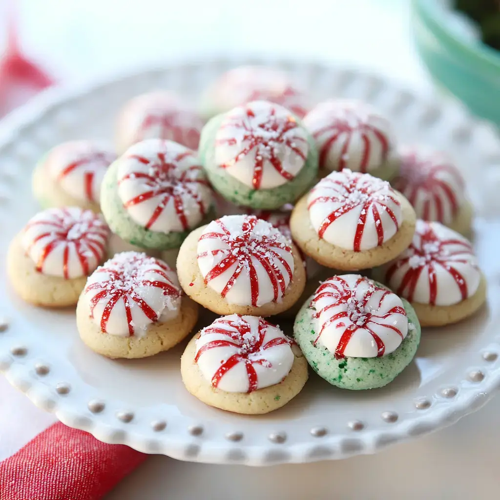 A plate of festive cookies decorated with red and white peppermint swirls and some with green accents.