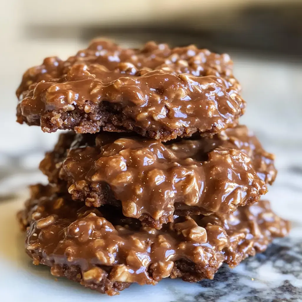 A stack of three homemade chocolate oatmeal cookies, covered in a glossy chocolate and nut topping, sits on a marble surface.