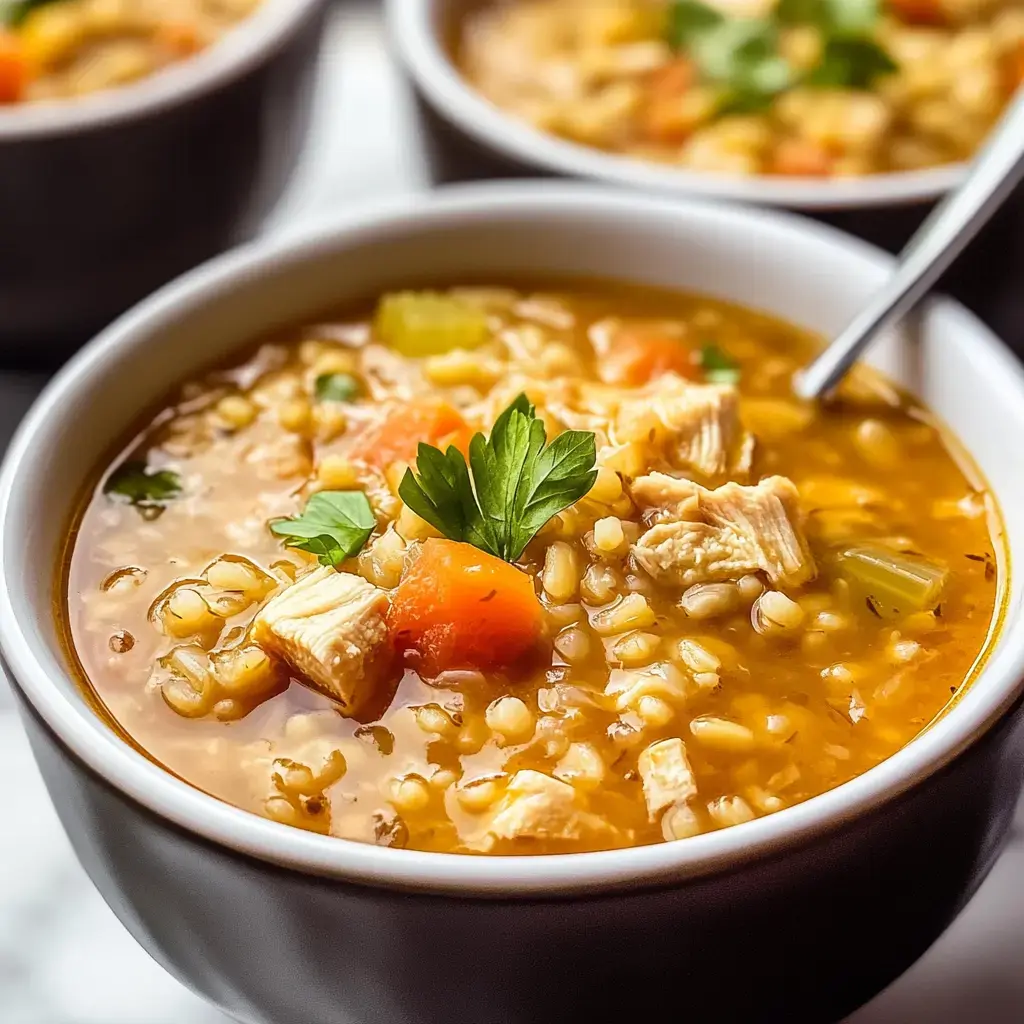 A bowl of hearty chicken and barley soup, garnished with parsley and featuring chunks of chicken and vegetables.