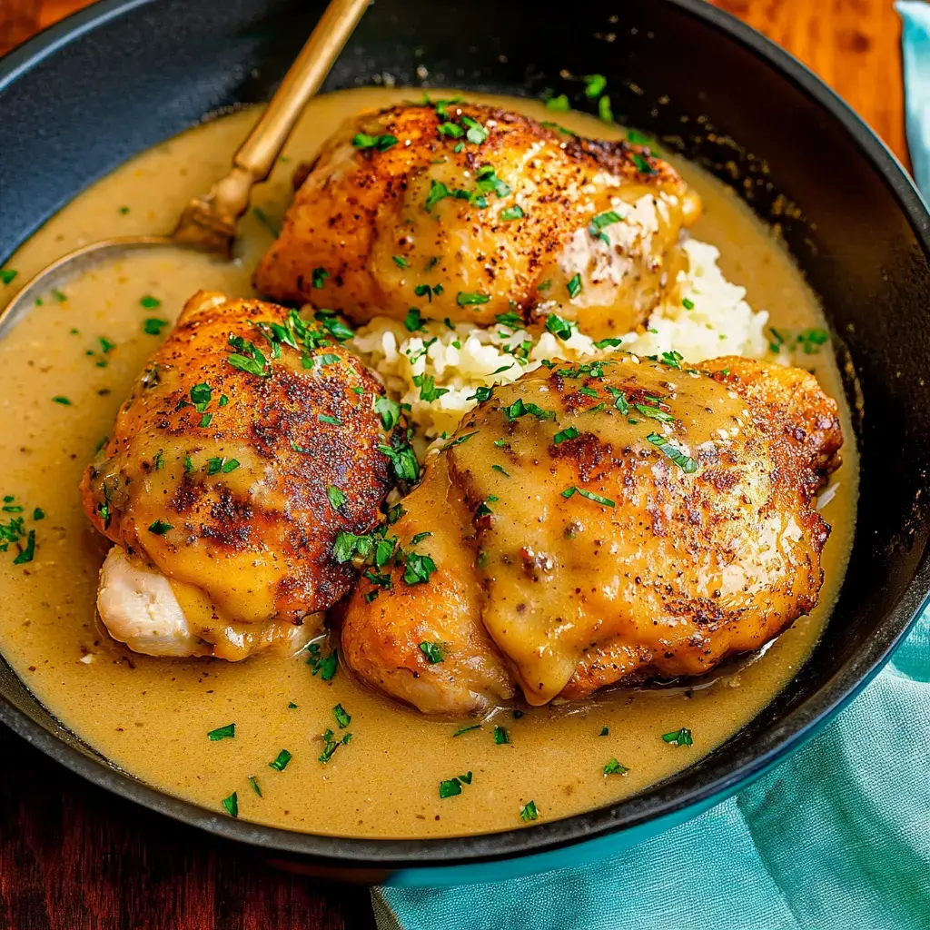 A serving of three golden-brown chicken thighs topped with gravy and garnished with parsley, served over a bed of rice in a dark bowl.