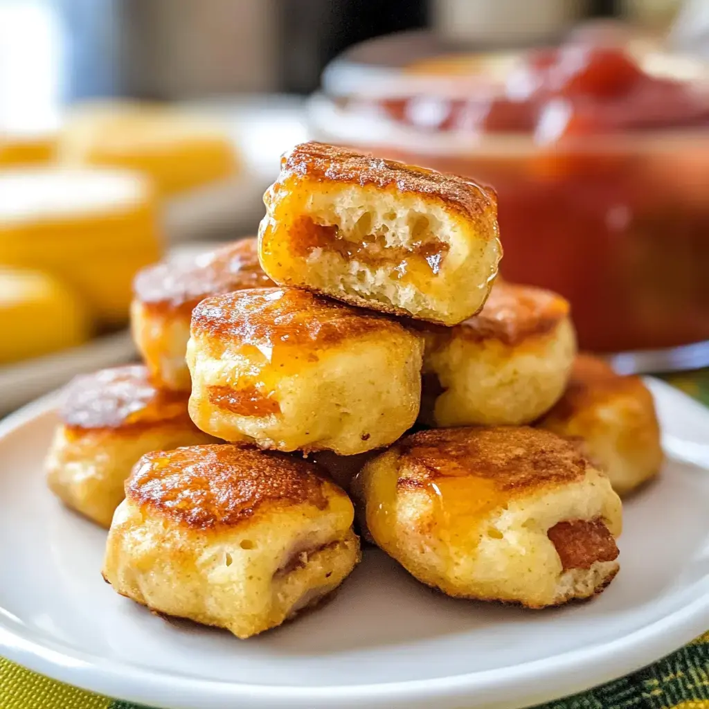 A close-up image of a stack of golden-brown, fried bite-sized snacks with a partially visible filling, served on a white plate.