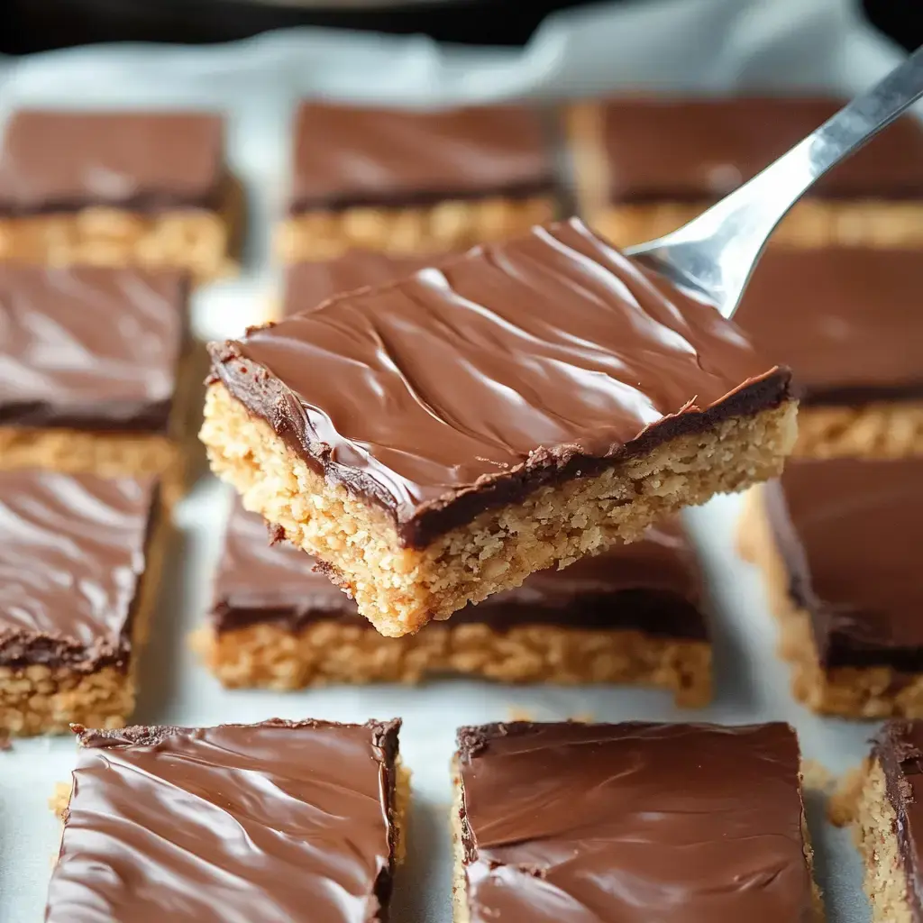 A close-up of delicious chocolate-covered bars with a crumbly base, with one bar being lifted with a spatula.