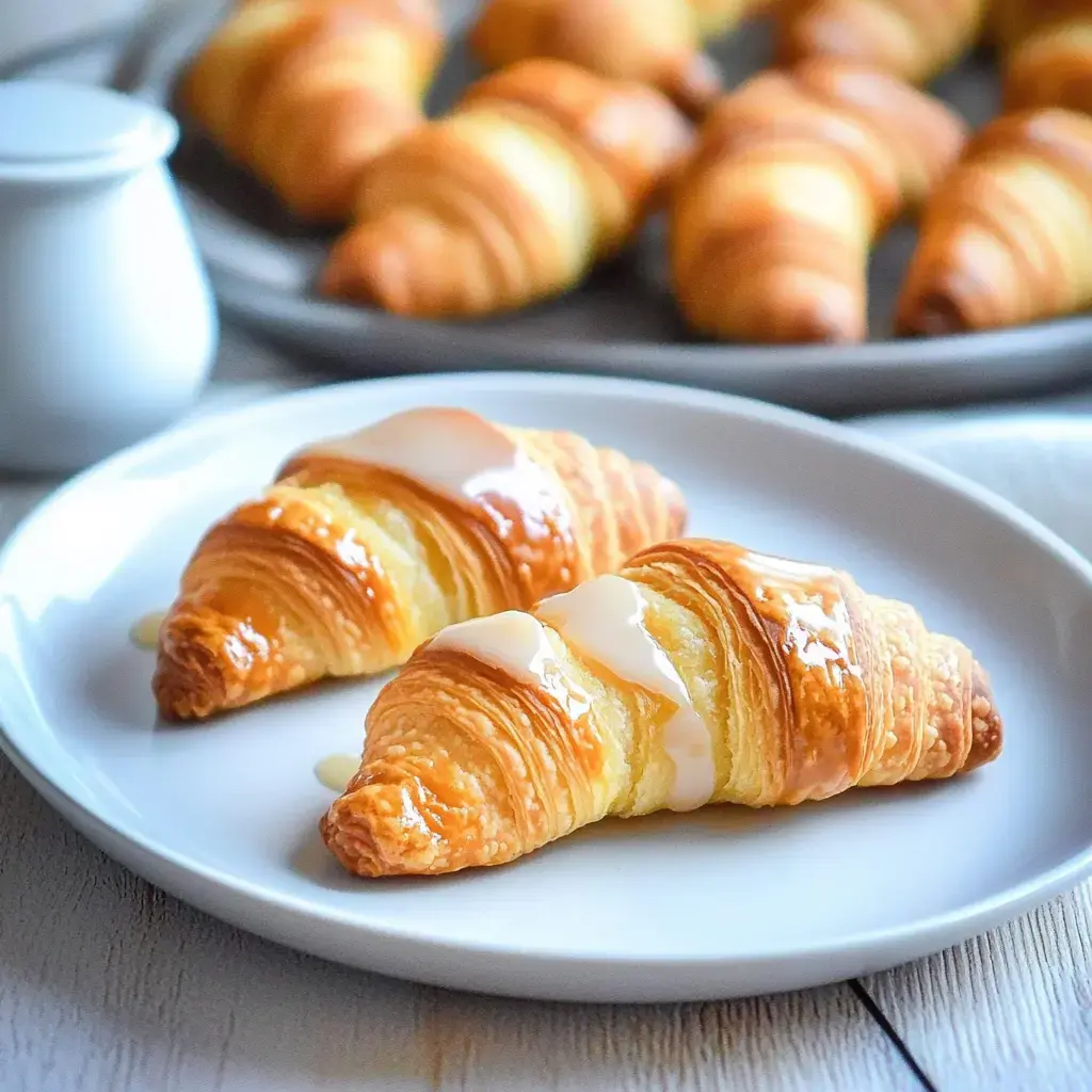 A close-up of two flaky croissants topped with a drizzling of icing on a white plate, with more croissants in the background.