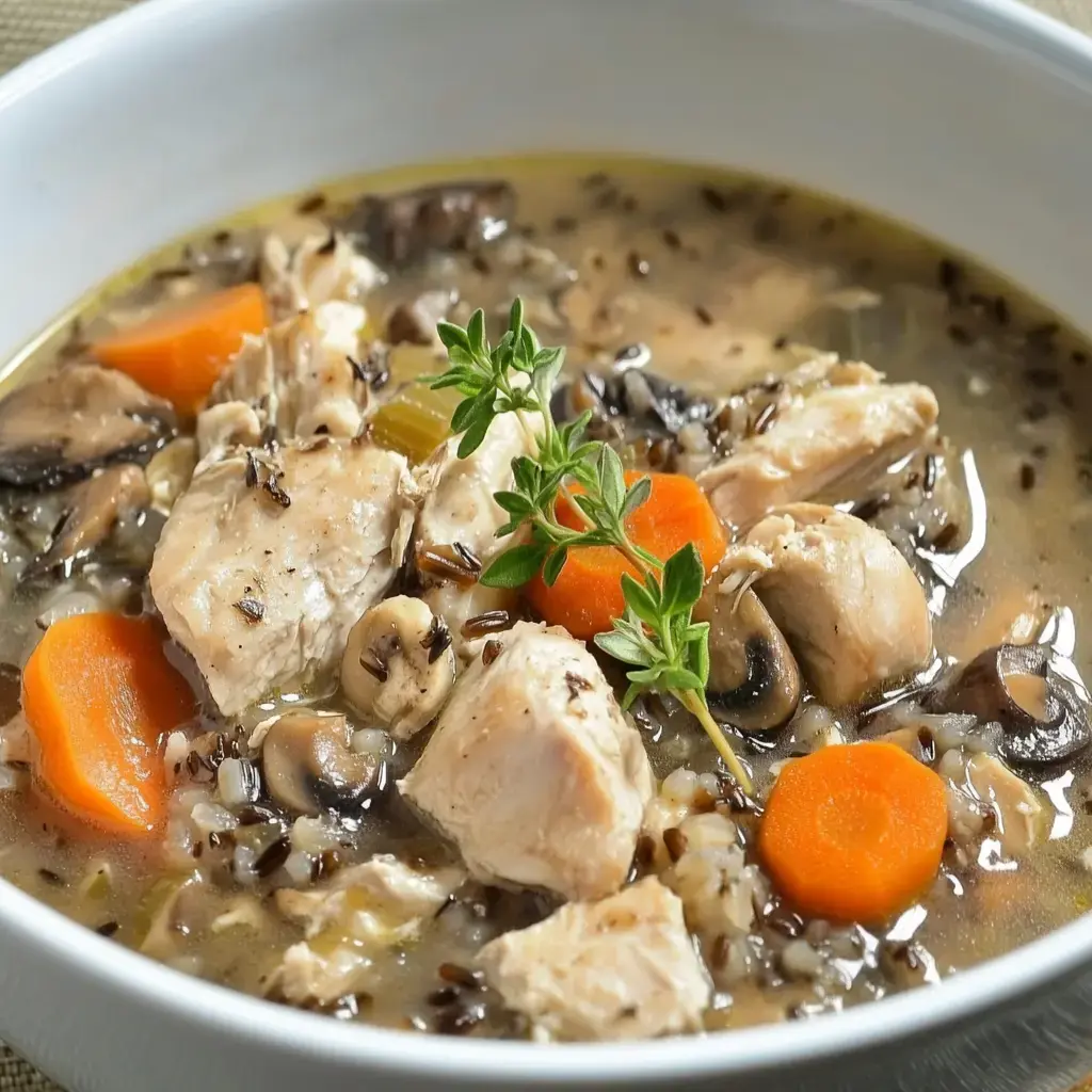 A bowl of chicken and wild rice soup featuring chunks of chicken, orange carrots, and mushrooms, garnished with fresh herbs.