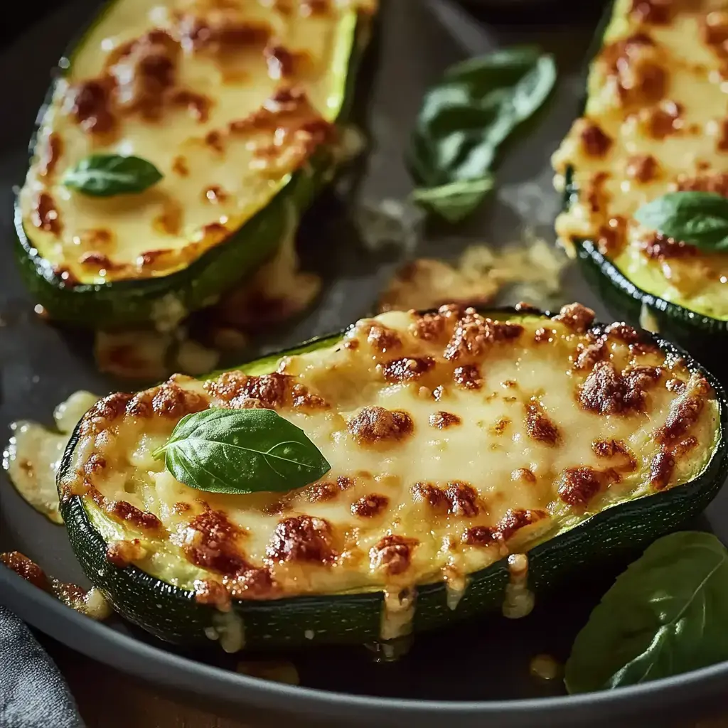 Baked zucchini halves topped with melted cheese and fresh basil sit on a dark plate.